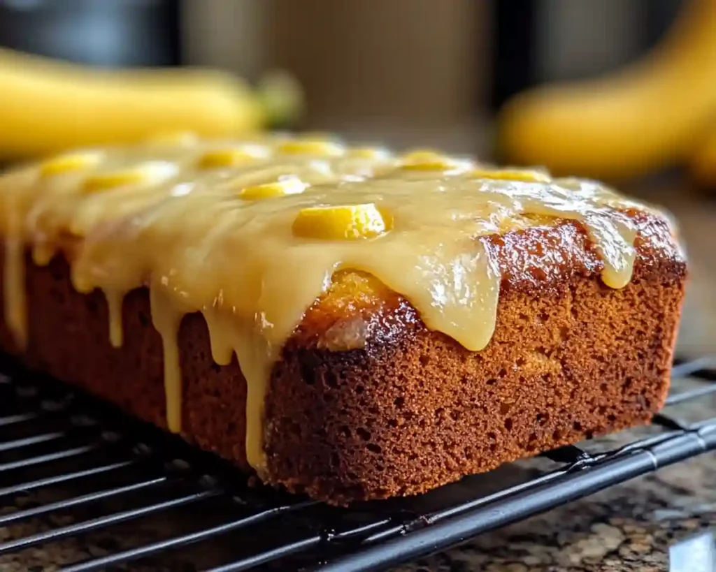 A moist and zesty banana lemon cake topped with a glossy lemon glaze.