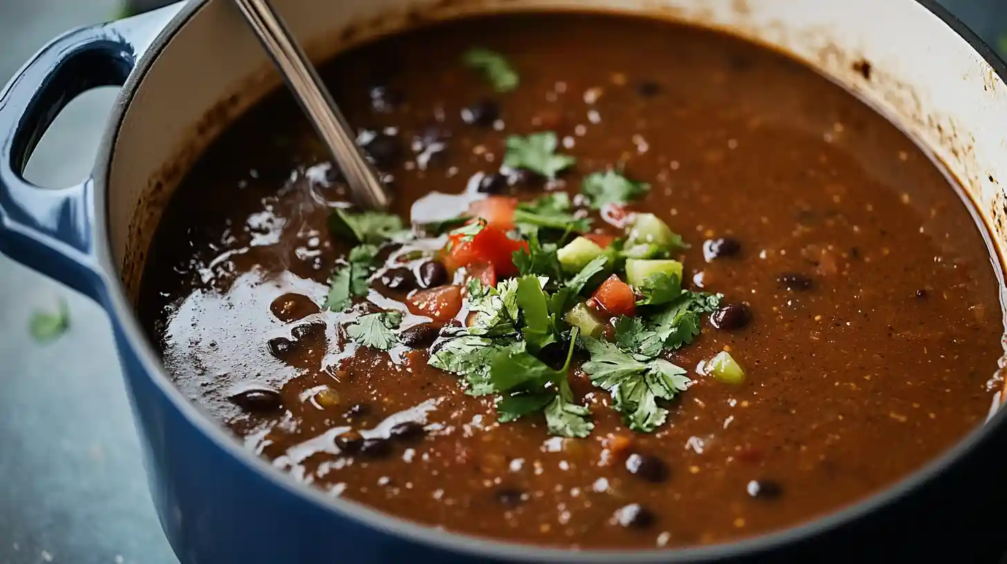 Purple Black Bean Soup simmering in a pot with black beans, purple cabbage, and sweet potatoes.