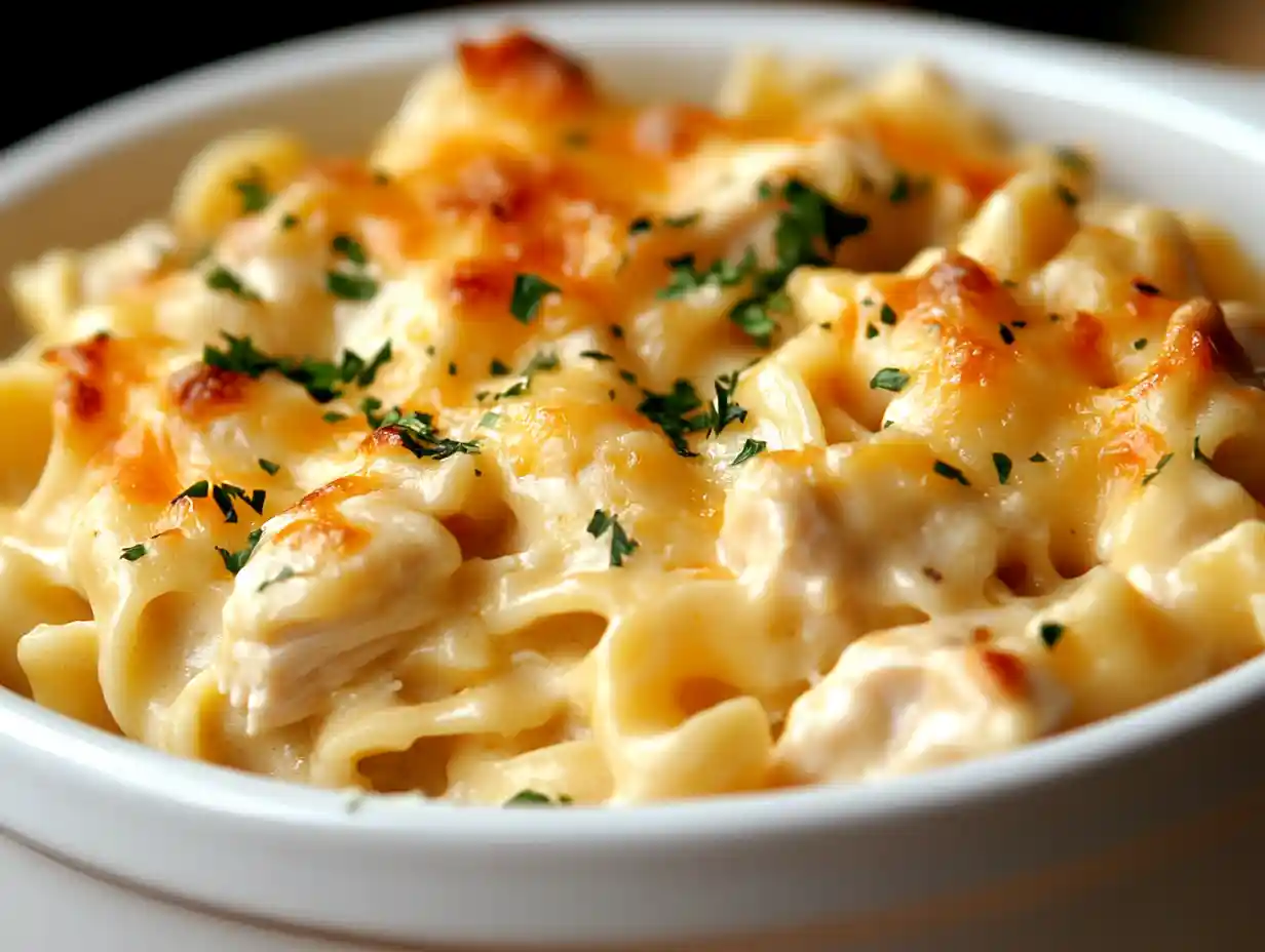 A close-up of chicken pot pie noodle casserole on a white plate, showcasing creamy noodles, chicken, and colorful vegetables.