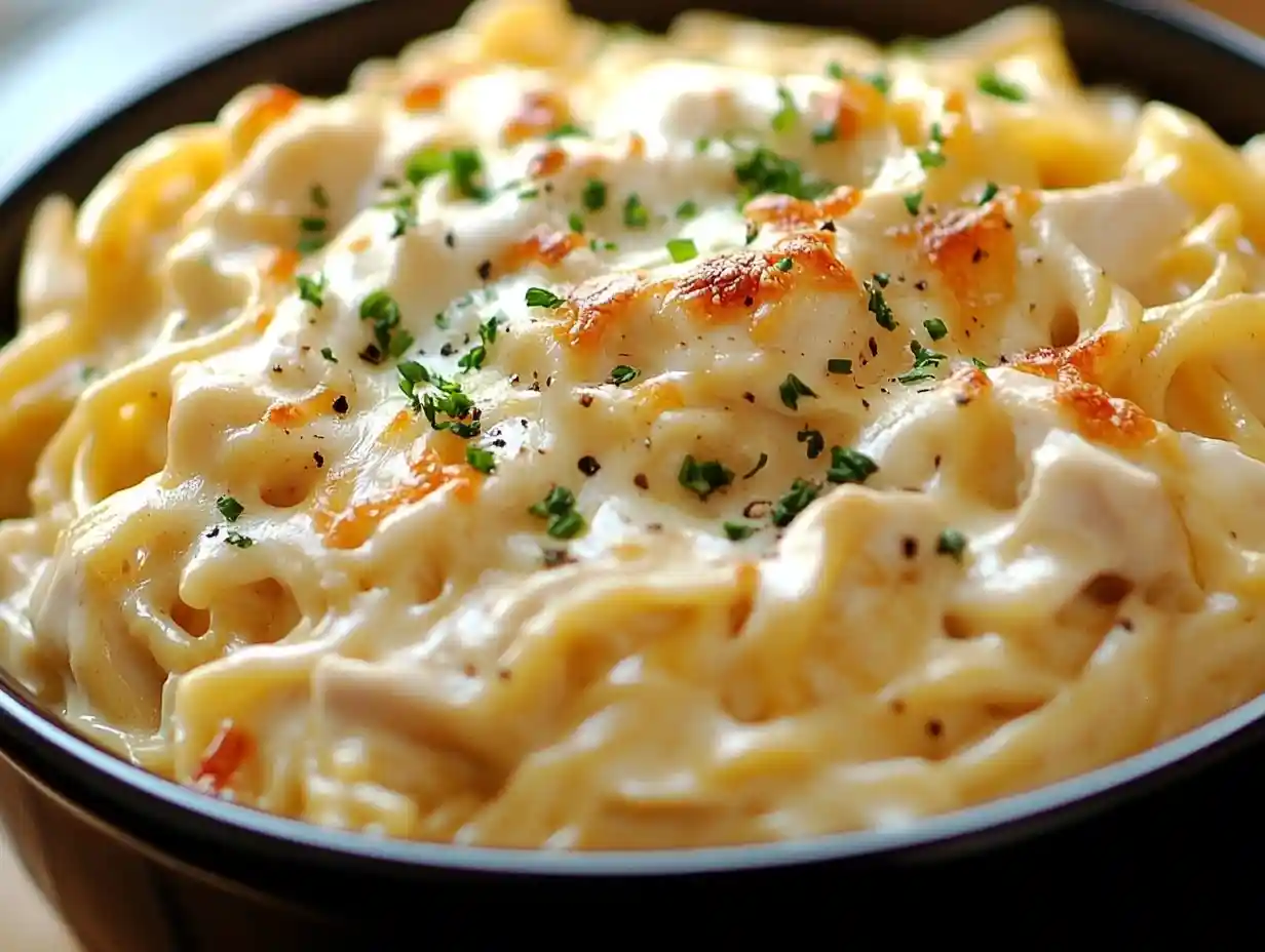 Golden chicken pot pie casserole with noodles and buttery panko topping