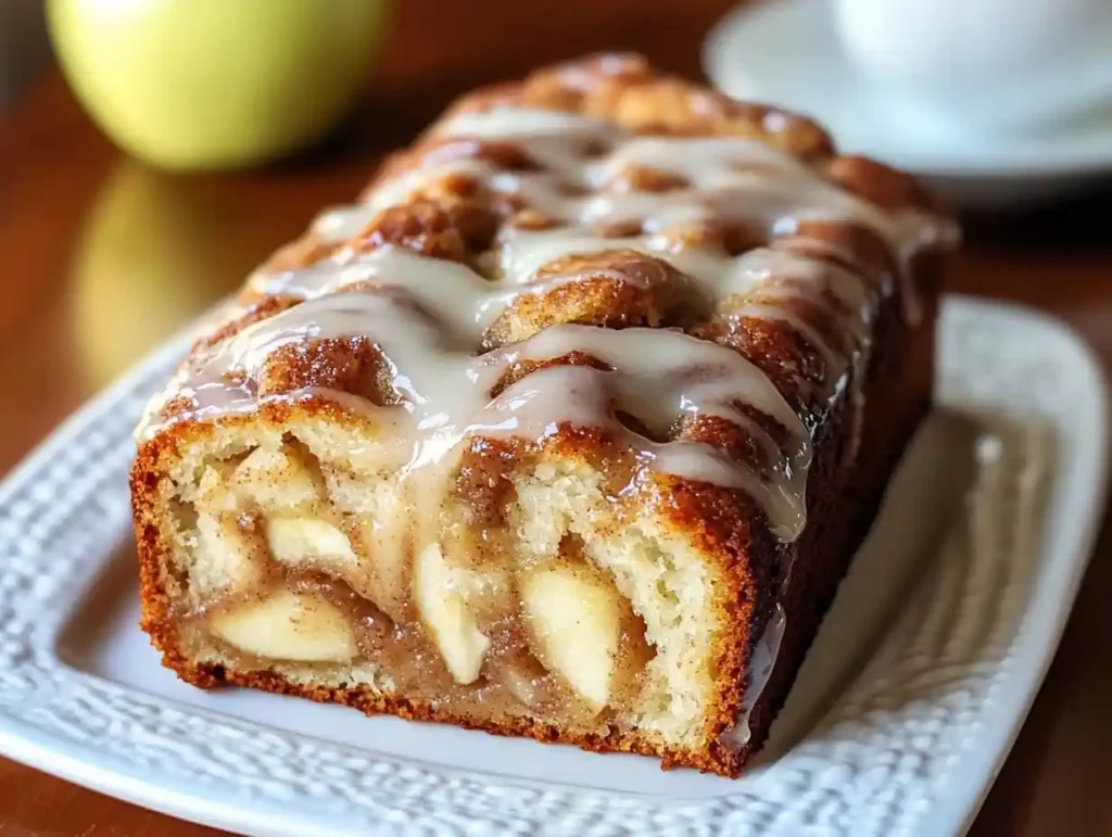 Slices of cinnamon swirl apple fritter bread revealing tender crumb, apple chunks, and cinnamon swirls.