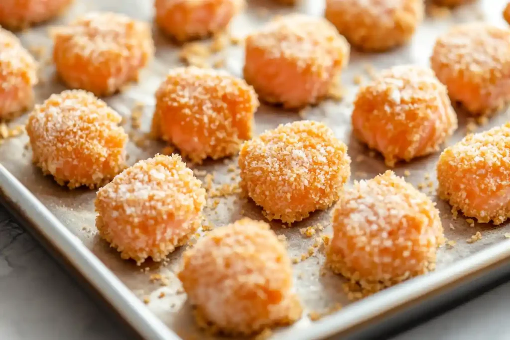 Salmon bites being dipped in batter and breadcrumbs for a crispy coating.