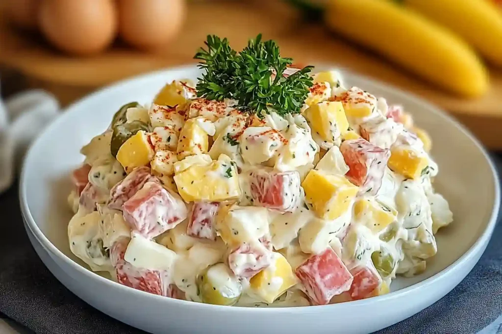 Creamy egg salad with diced pickles in a bowl.