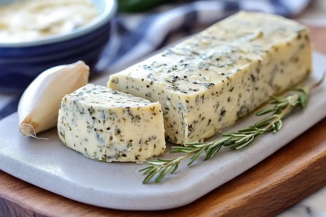 creamy roasted garlic herb butter garnished with fresh herbs.