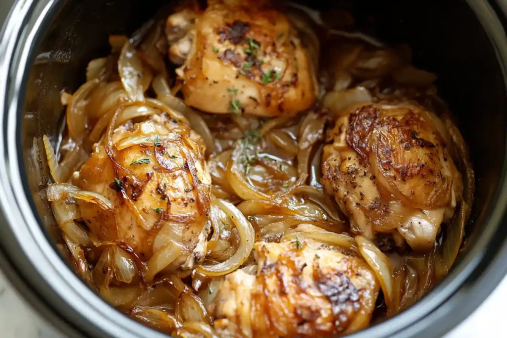French Onion Chicken Crock Pot displayed with mashed potatoes and green beans.