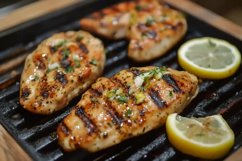 Grilled chicken breasts cooking on the grill – a flavorful high protein chicken recipe for weight loss.