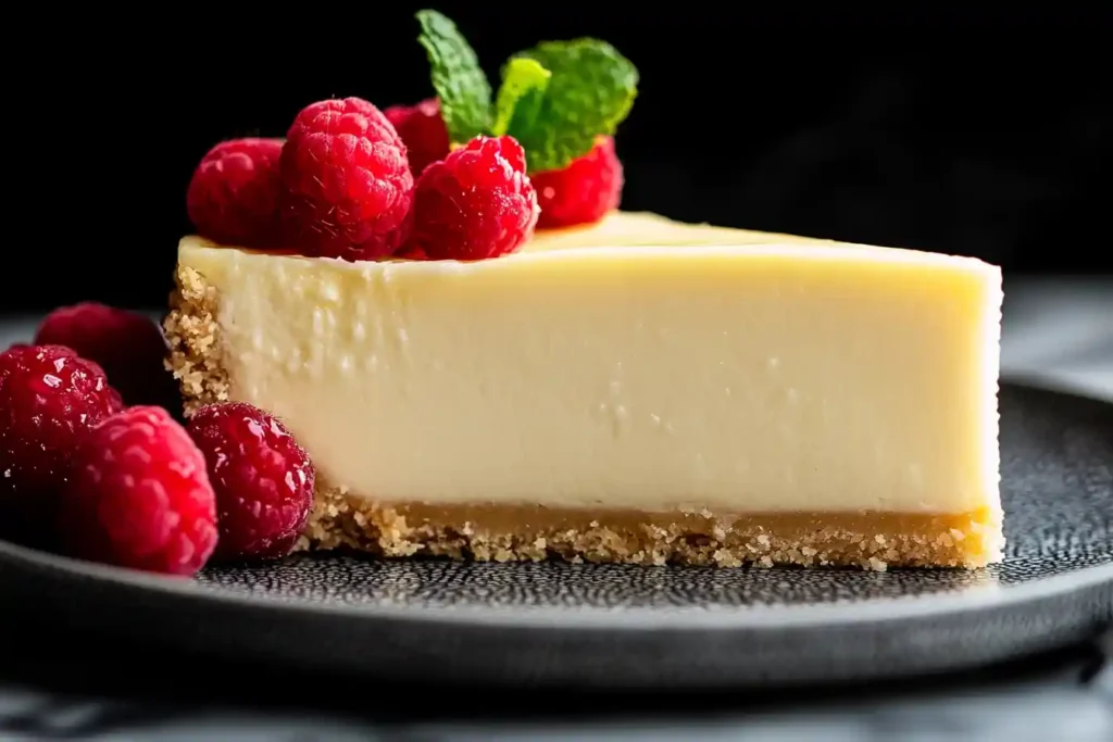 A slice of keto ricotta cheesecake with a fork and berry garnish.