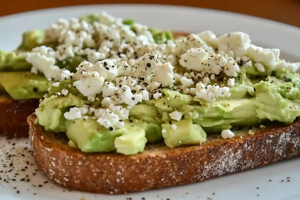 The process of spreading cottage cheese and avocado on toast, with fresh herbs and chili flakes ready for garnish.