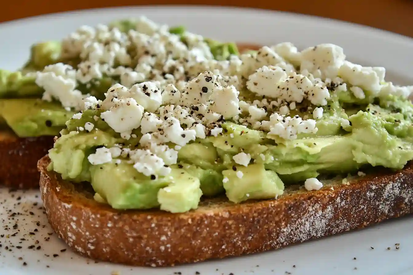 The process of spreading cottage cheese and avocado on toast, with fresh herbs and chili flakes ready for garnish.