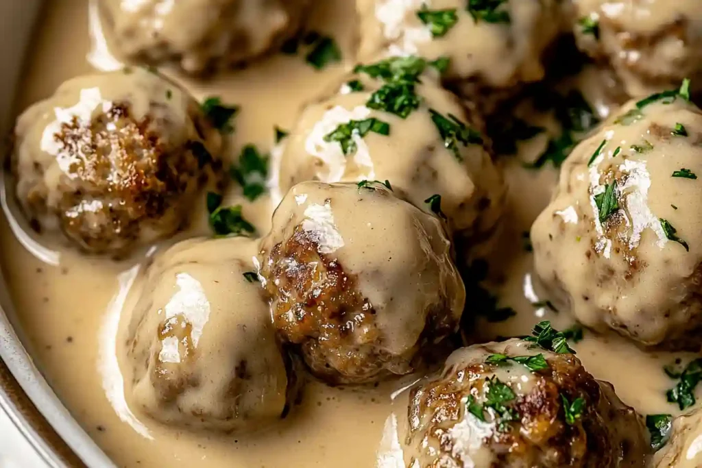 Close-up of meatballs topped with Alfredo sauce and Parmesan cheese.