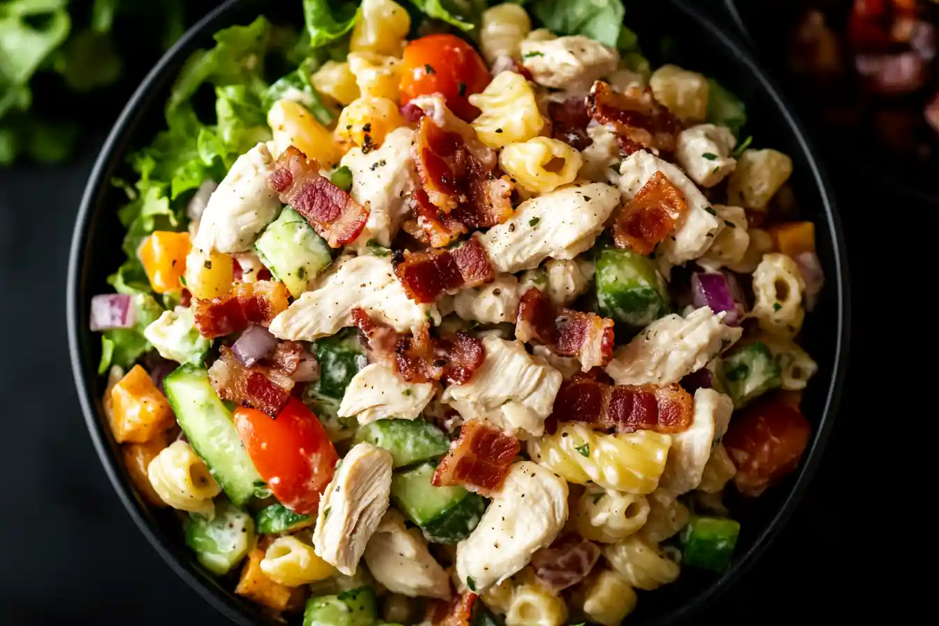 A bowl of creamy chicken bacon pasta salad with fresh vegetables.