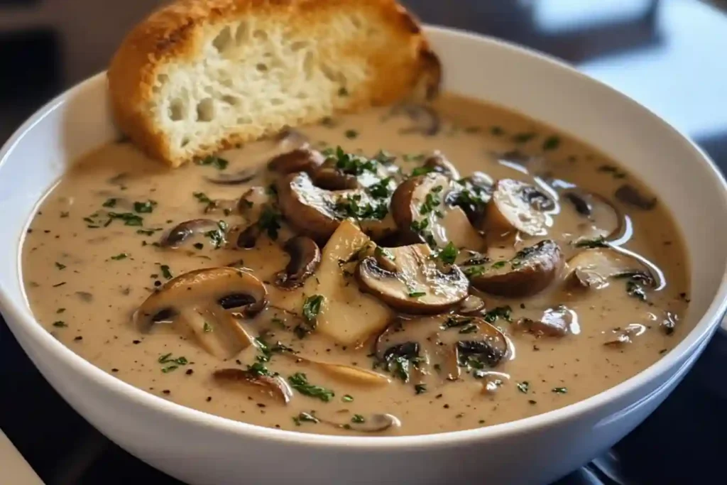 Creamy mushroom soup garnished with parsley in a rustic white bowl.