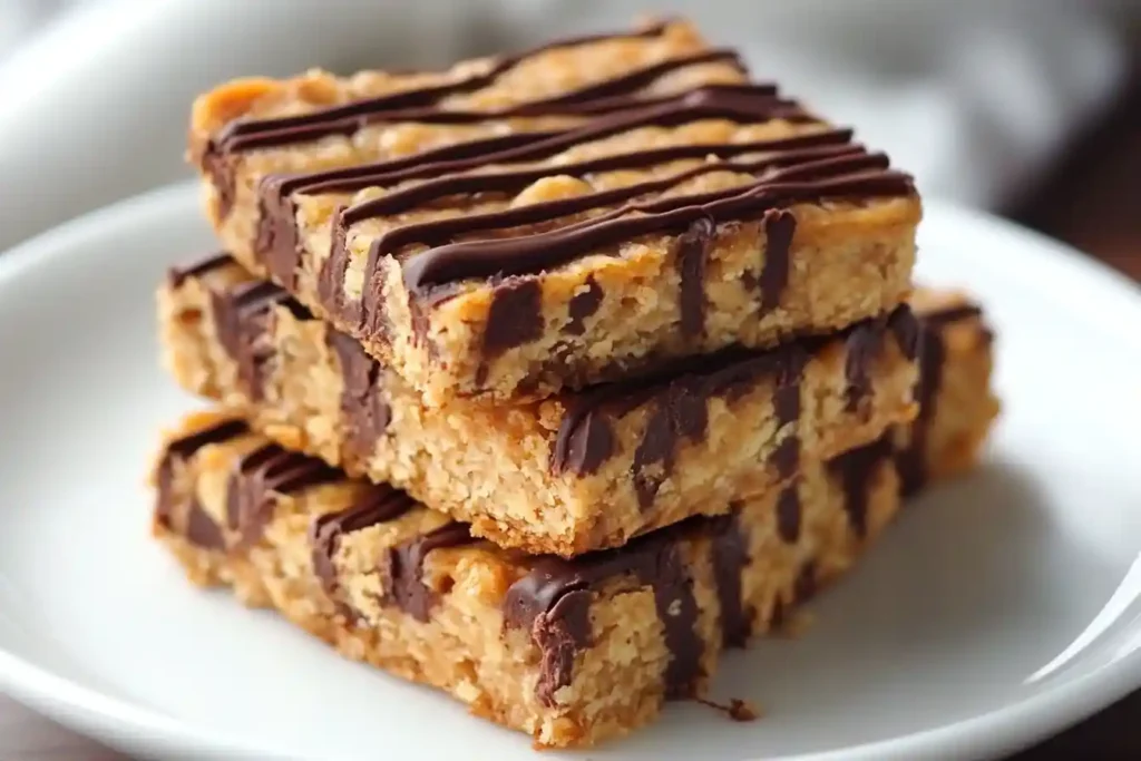 Freshly baked peanut butter flapjacks in a tray, golden brown with crispy edges, ready to be sliced.
