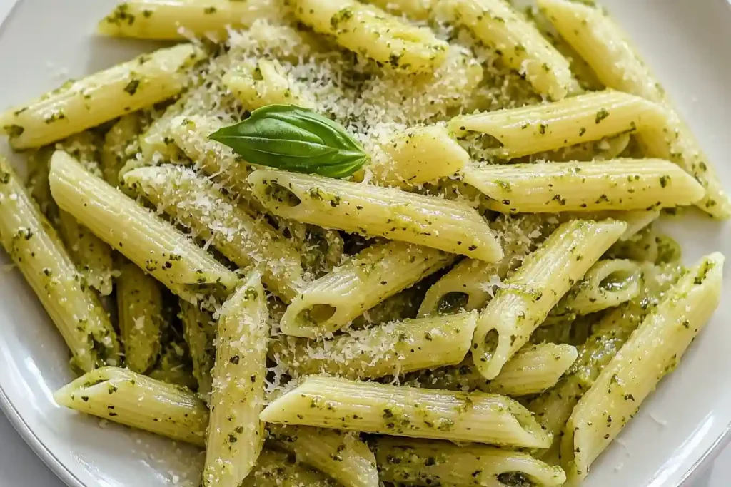 Pesto alfredo pasta served at plat
