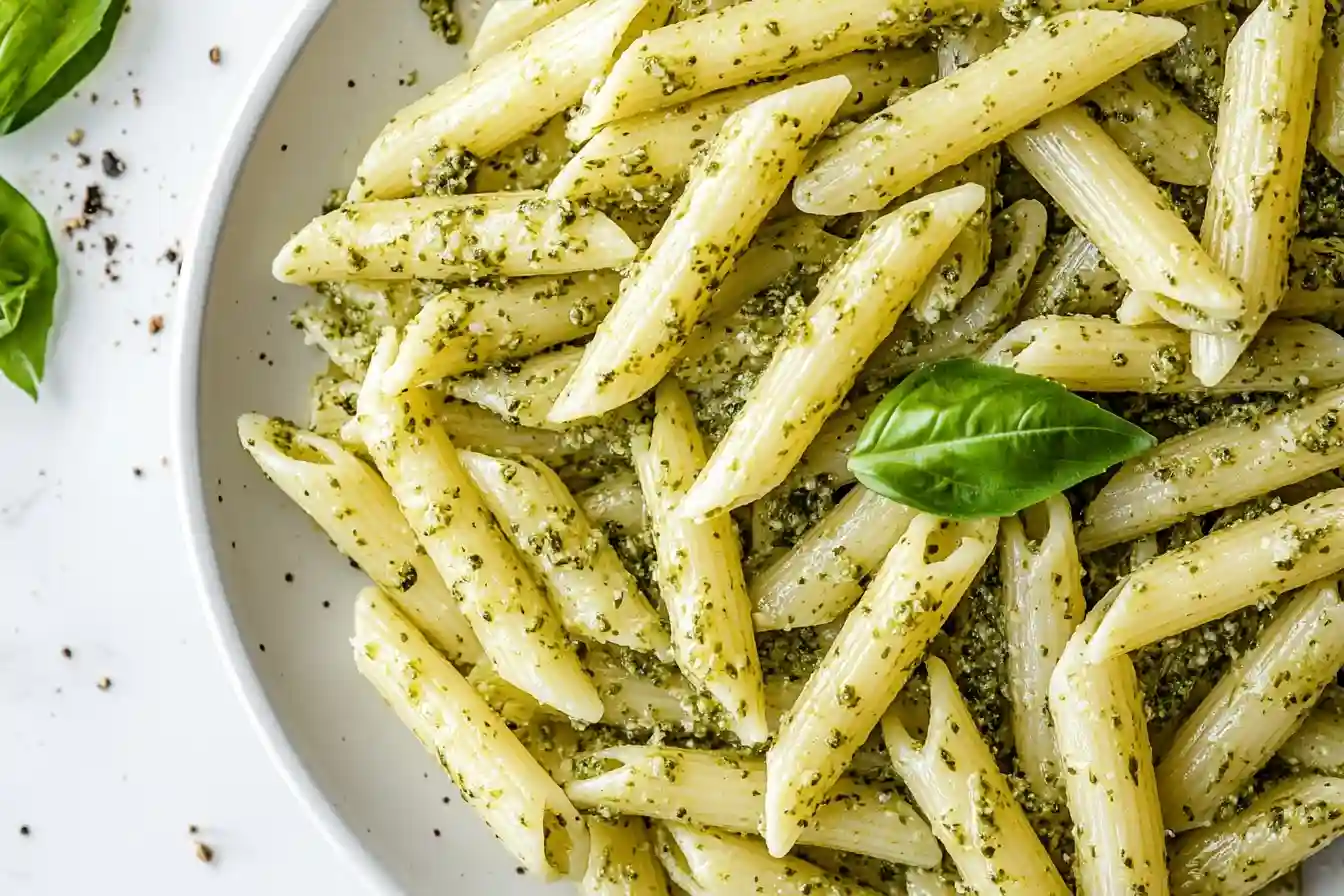 A plate of creamy pesto alfredo pasta topped with fresh basil and Parmesan cheese,