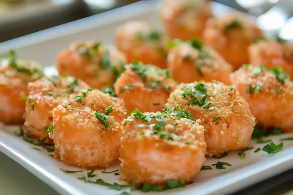 Plated fried salmon bites served with dipping sauces and garnishes