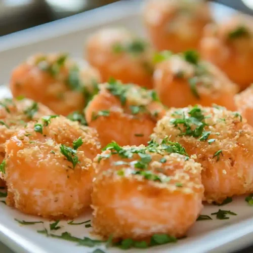 Plated fried salmon bites served with dipping sauces and garnishes