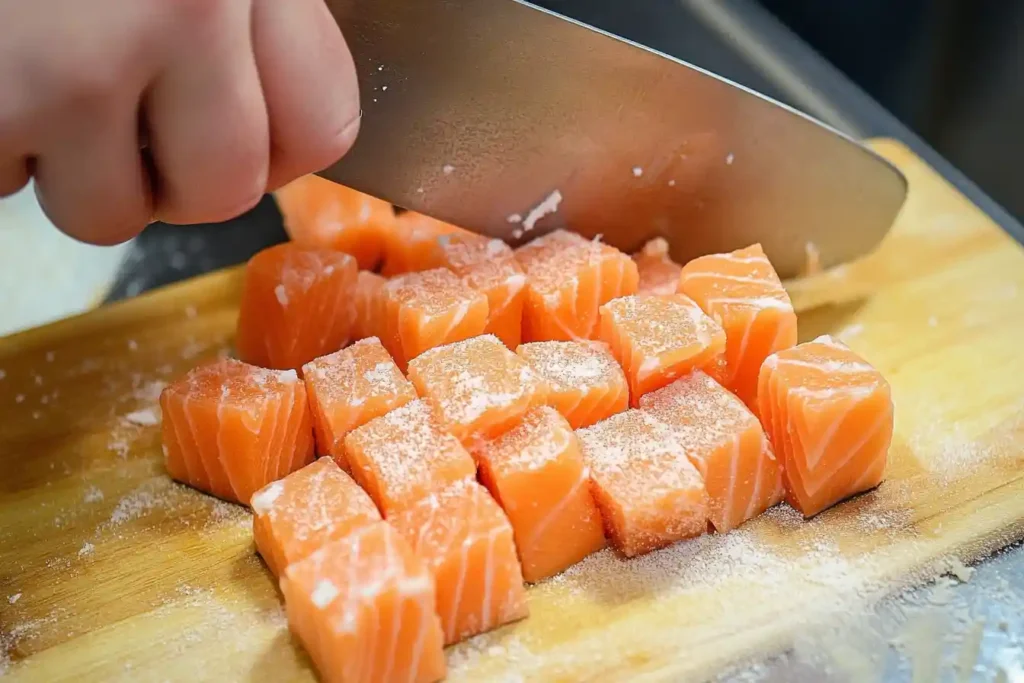 Fresh salmon being cut into bite-sized pieces for the fried salmon bites recipe.