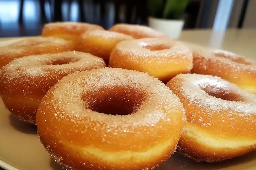 A plate of freshly baked protein donuts topped with a light glaze and garnished with crushed nuts.
