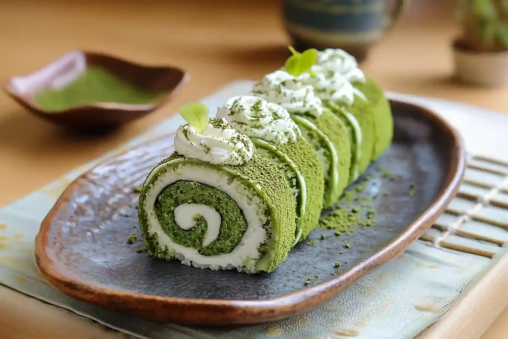 Perfectly rolled matcha roll cake with creamy filling and dusted matcha powder.