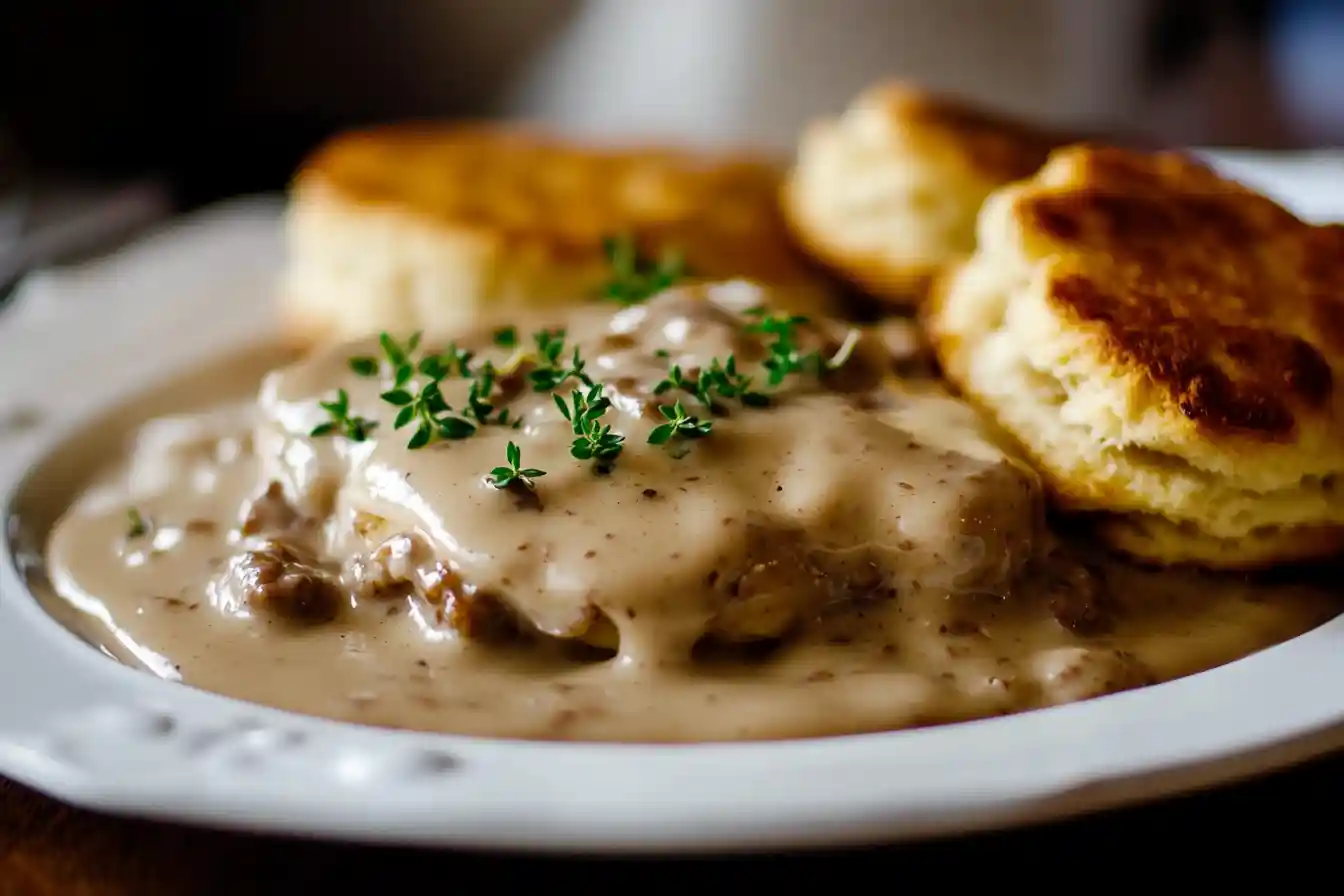 A spoonful of Sausage Turkey Fat Gravy being poured over golden, fluffy biscuits, creating a delicious Southern-style meal.