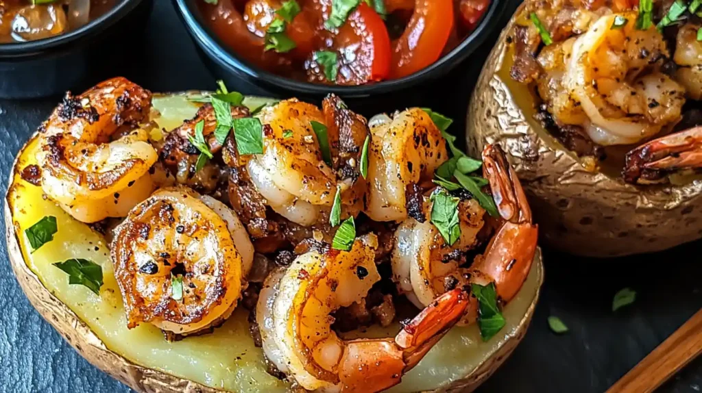 shrimp and potatoes recipe with golden baked potatoes, creamy cheese sauce, and sautéed shrimp.