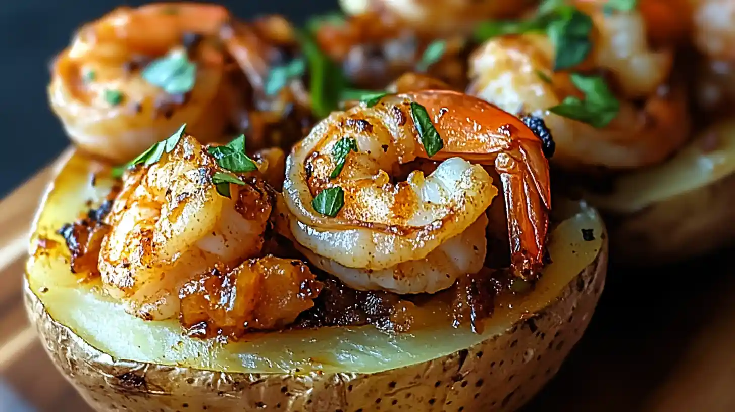 A shrimp scampi baked potato drizzled with garlic butter sauce, topped with Parmesan and parsley.