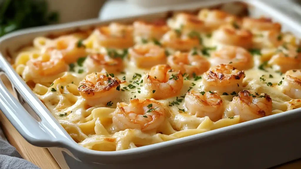 Golden baked Shrimp Fettuccine Alfredo Bake with creamy sauce and melted cheese