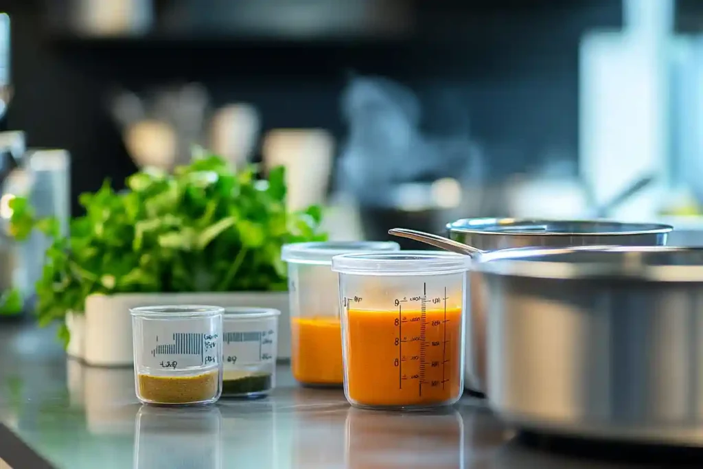 An infographic illustrating how many ounces in a soup cup? with portion sizes labeled as 4 ounces, 8 ounces, and 12 ounces using a ladle and a kitchen scale."