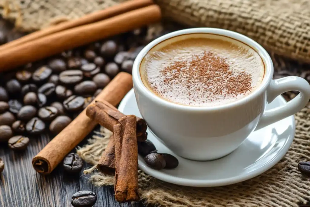 A steaming mug of turmeric and cinnamon in coffee for weight loss, garnished with a cinnamon stick and served on a rustic wooden table.