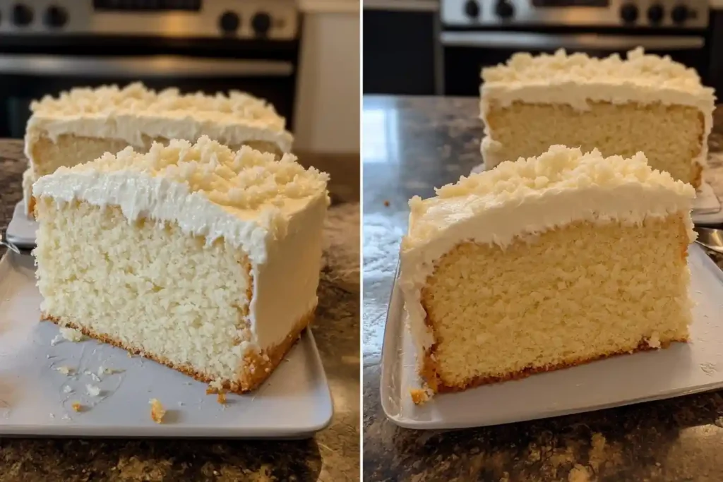 A close-up of a slice of vanilla almond cake showing its moist texture.