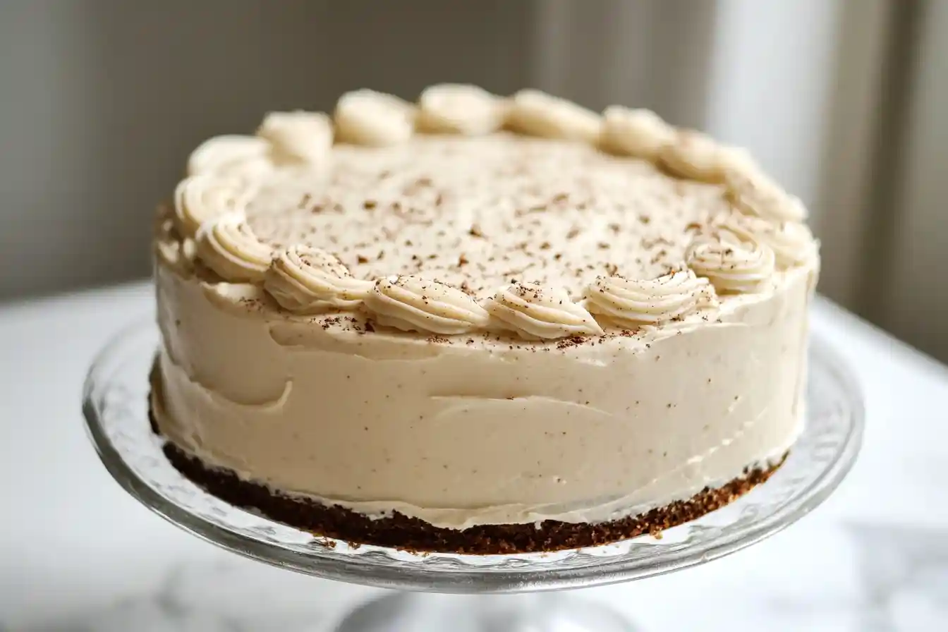 A perfectly baked vanilla almond cake topped with toasted almond slices.