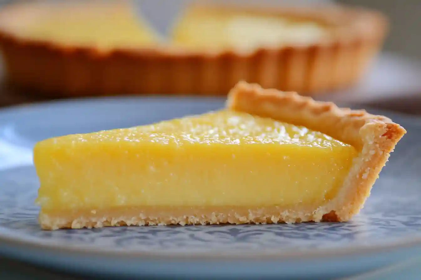 A single slice of Vegan Lemon Curd Tart served on a white plate, with a creamy lemon filling and golden crust,