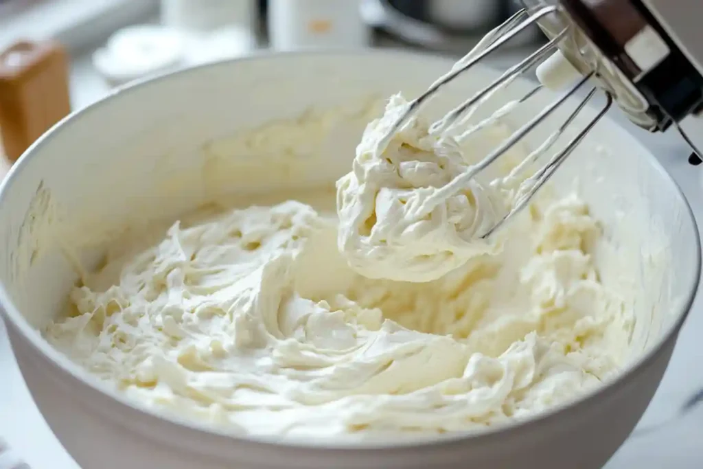 Cream cheese being beaten to a smooth, fluffy consistency with a hand mixer in a large mixing bowl.