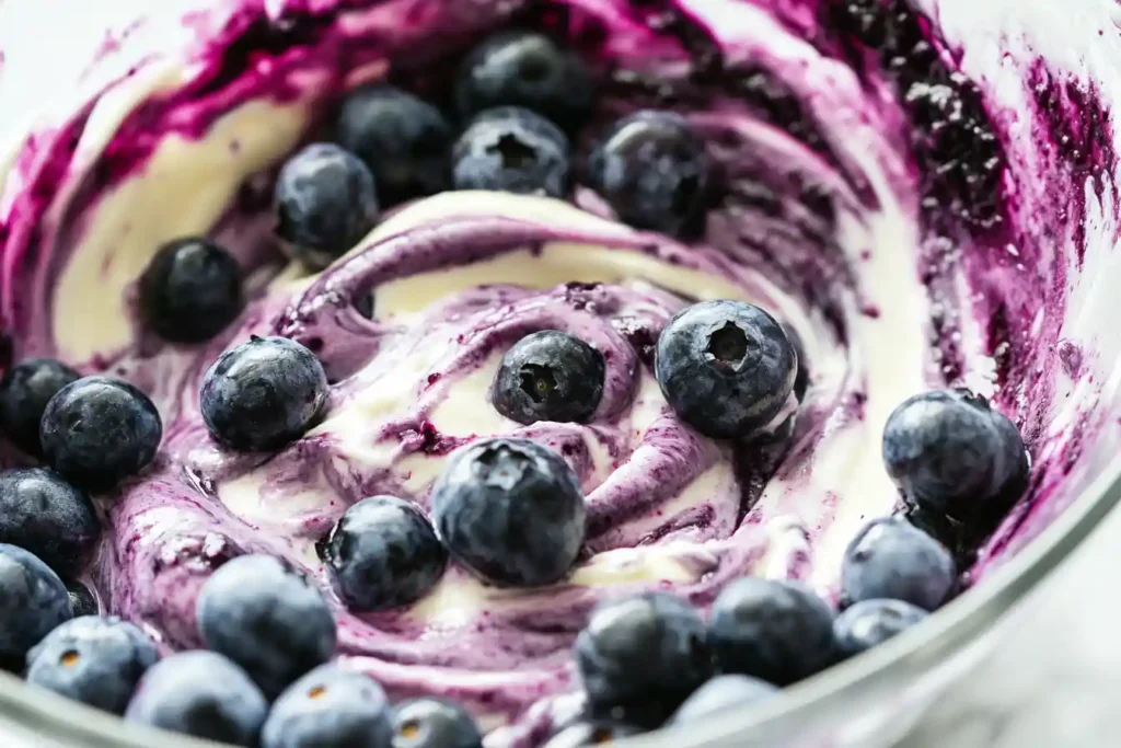 Blueberries gently folded into cream cheese, creating a marbled effect in a glass bowl. Caption: Gently folding the blueberries into the cream cheese creates a deliciously creamy