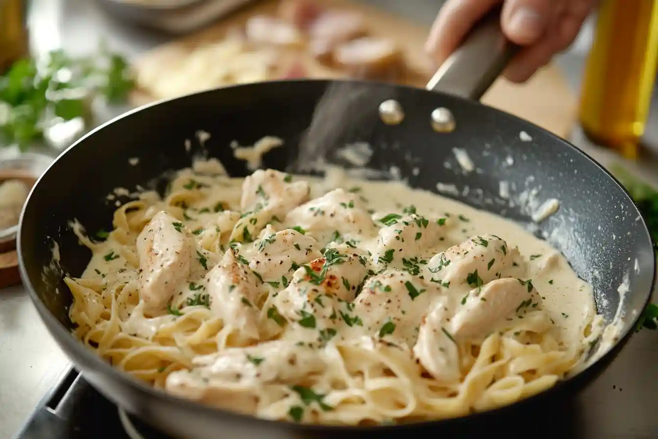 Chef preparing Garlic Parmesan Chicken Pasta in a modern kitchen.