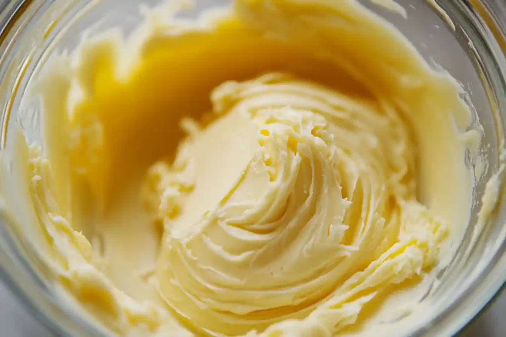 Melted unsalted butter in a small bowl cooling for lemon blueberry cookies.