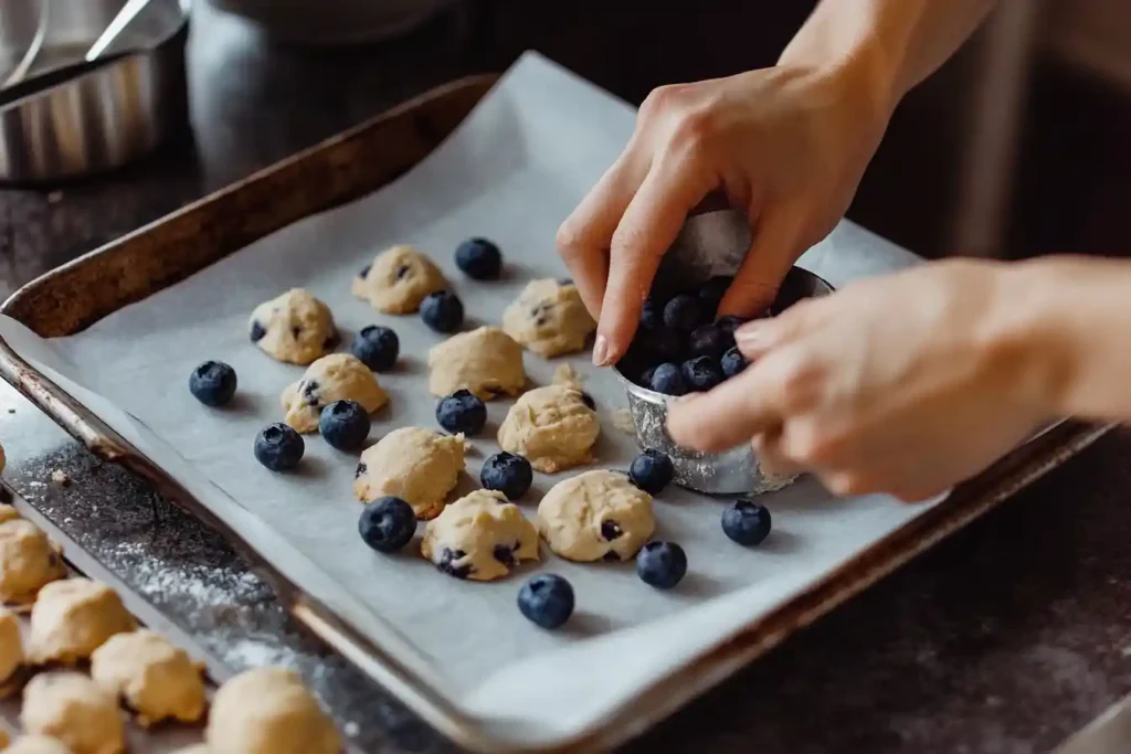 Hands folding blueberries into dough and scooping it with a cookie scoop for lemon blueberry cookies.