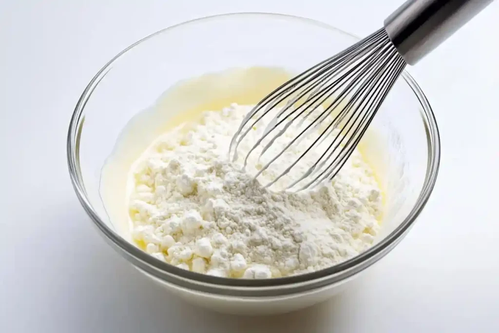 A large bowl with granulated sugar and lemon zest being whisked for lemon blueberry cookies.