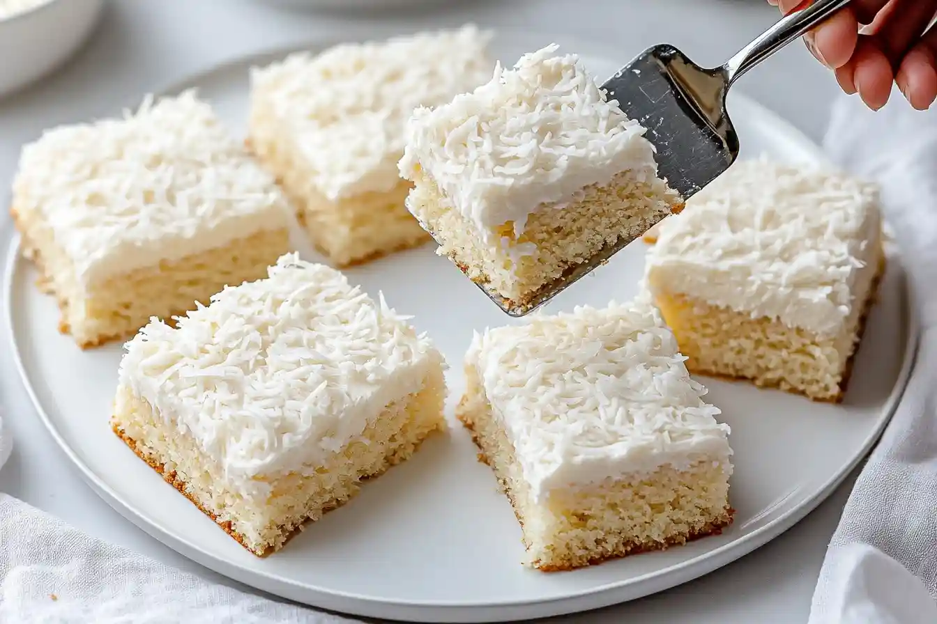 A close-up of a slice of Coconut Cloud Cake with fluffy layers.