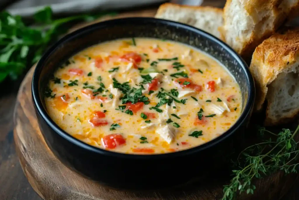 A steaming bowl of crock pot creamy chicken parmesan soup on a rustic wooden table