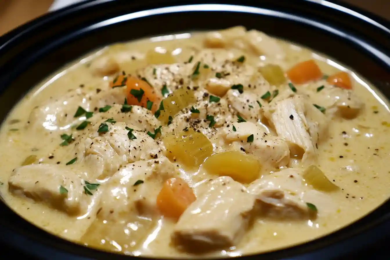 Elegant plated serving of crock pot creamy chicken parmesan soup with crusty bread