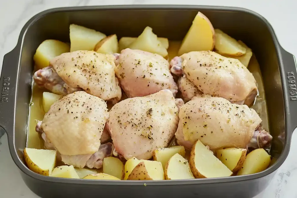 Baking sheet with marinated chicken and potato wedges arranged for Greek Lemon Chicken and Potatoes.
