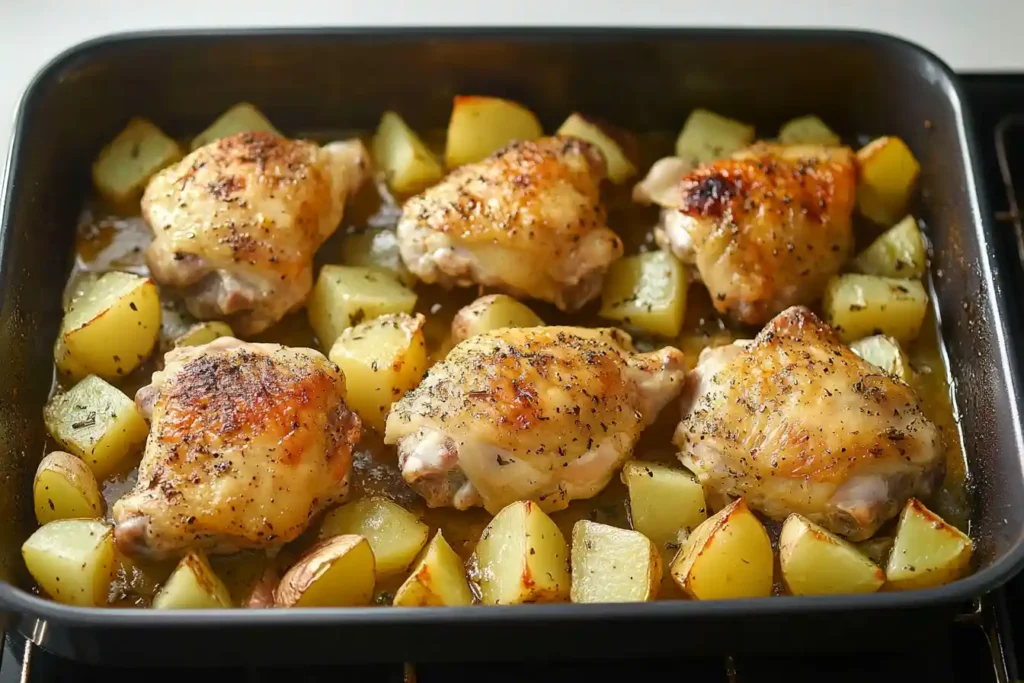 Final plated Greek Lemon Chicken and Potatoes garnished with fresh lemon slices and herbs.
