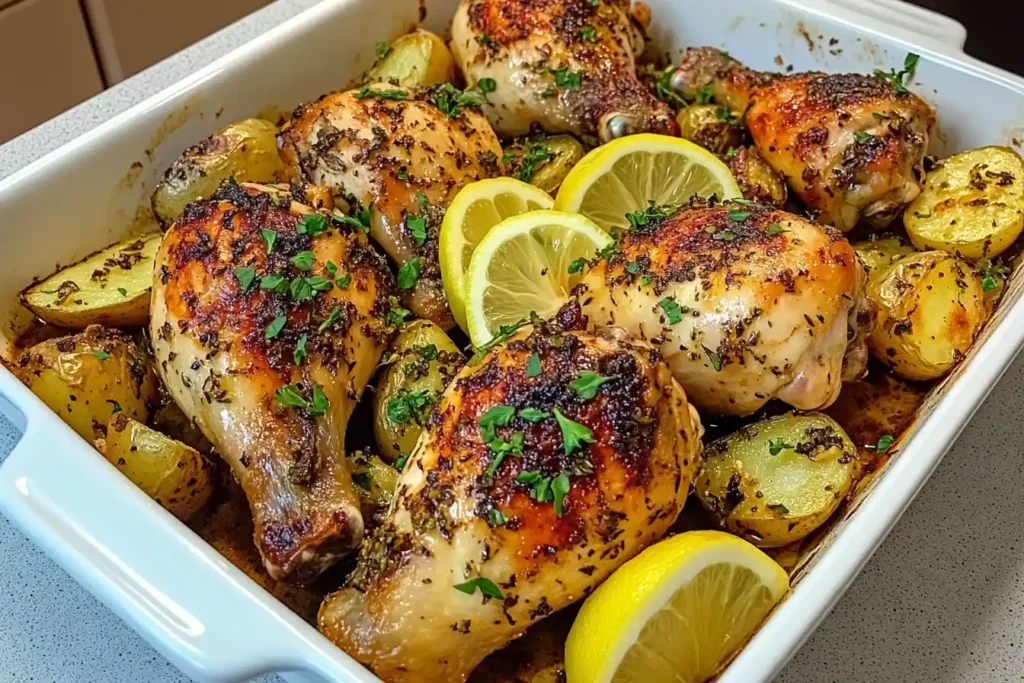 Rustic presentation of Greek Lemon Chicken and Potatoes on a vintage plate with lemon slices and fresh herbs.