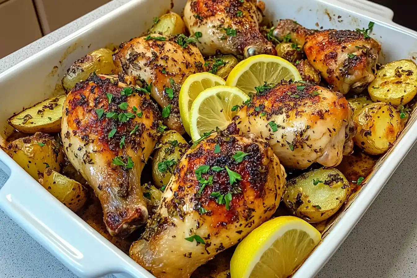 Rustic presentation of Greek Lemon Chicken and Potatoes on a vintage plate with lemon slices and fresh herbs.