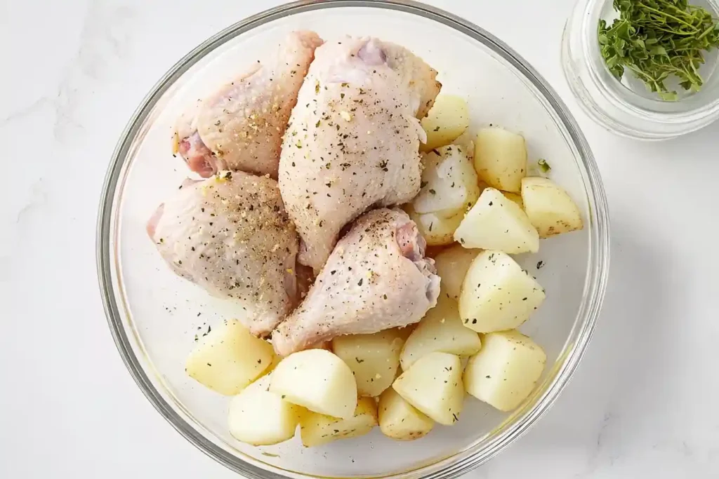 Bowl of chicken marinating for Greek Lemon Chicken and Potatoes with lemon juice, garlic, olive oil, and herbs.
