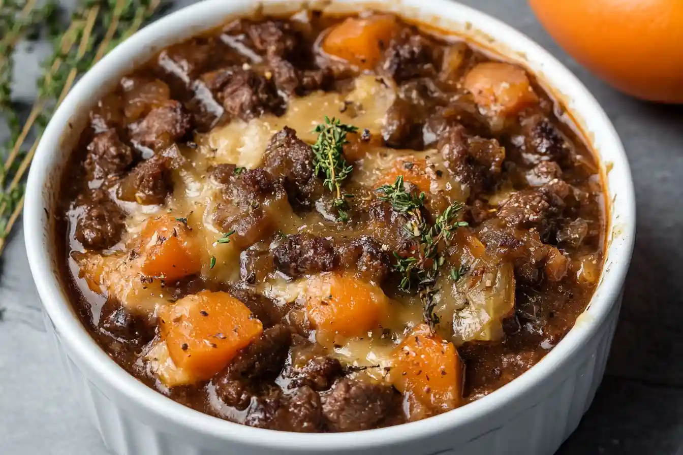 A hearty bowl of French Onion Beef Stew topped with melted Gruyère cheese and served with crusty bread.