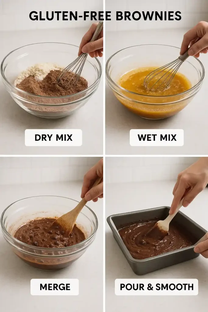 collage showing each key step in making gluten free brownies on a plain white kitchen countertop in a typical home kitchen.