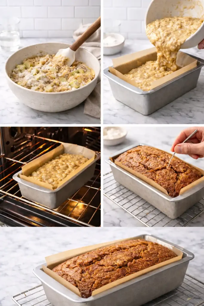 4-panel step-by-step grid showing baking of apple banana bread: folding with wooden spatula, pouring into parchment pan, baking in oven, and the toothpick test.